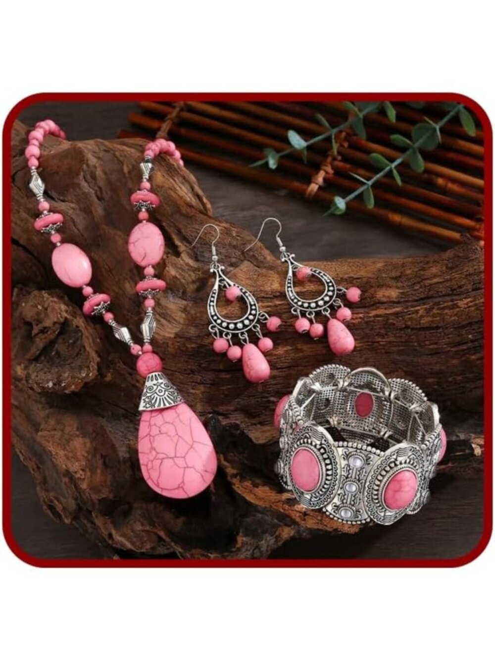 Boho Pink Turquoise Jewelry Set - 3PC Vintage Statement Necklace, Earrings
